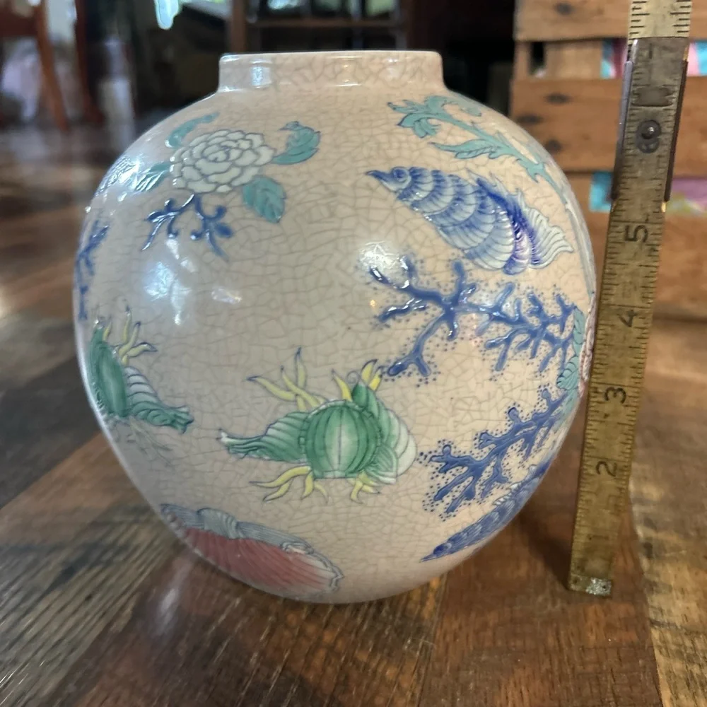Gorgeous Old Vase-Asian Style, Globe Shaped, Pastel Blues, Green, Peach, Yellow